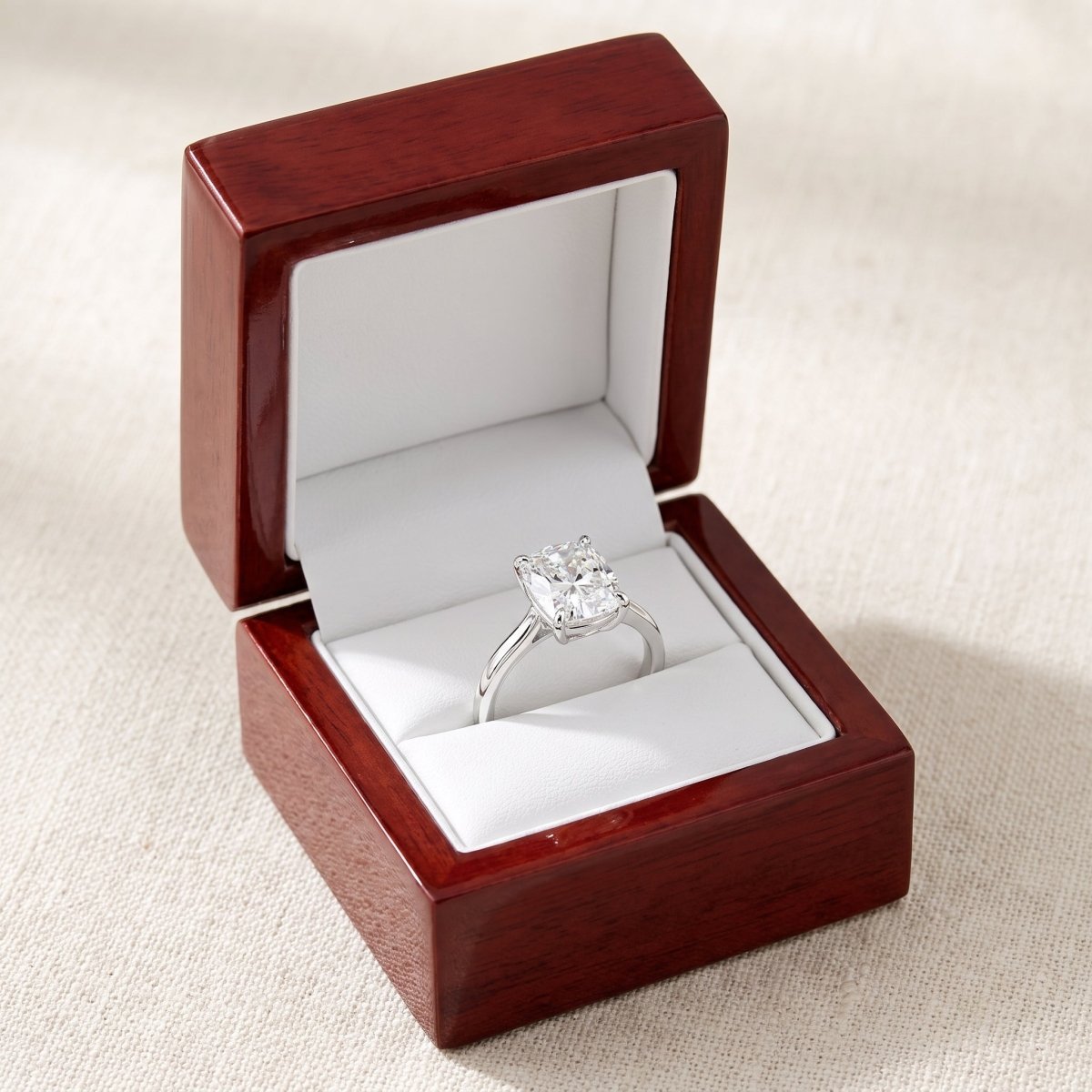 Elongated Cushion lab-grown diamond solitaire engagement ring, 925 Sterling Silver, in cherry-wood ring box