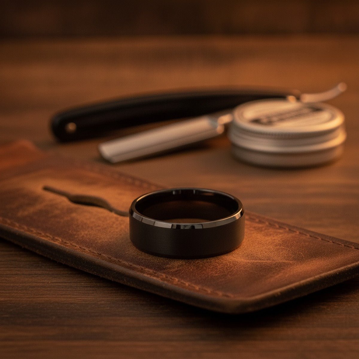 Aydins ELYSIAN | Black Titanium Wedding Band Brushed & Polished lifestyle scene, barber strop