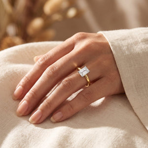 Emerald lab-grown diamond solitaire engagement ring, Yellow Gold, lifestyle photograph