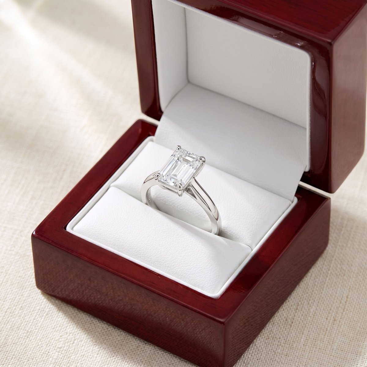 Emerald lab-grown diamond solitaire engagement ring, White Gold, in cherry-wood ring box