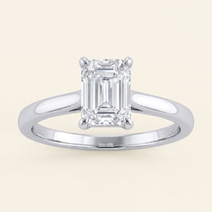 Emerald lab-grown diamond solitaire engagement ring, White Gold, face-on detail macro