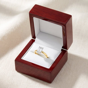 Emerald lab-grown diamond solitaire engagement ring, Yellow Gold, in cherry-wood ring box