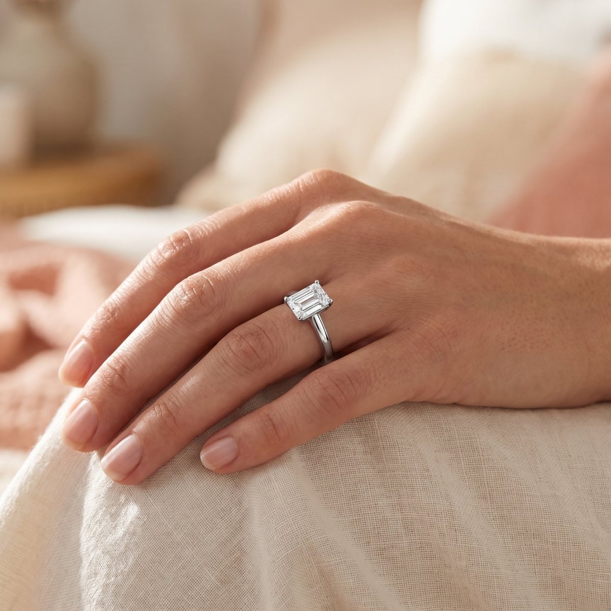Emerald lab-grown diamond solitaire engagement ring, White Gold, lifestyle photograph