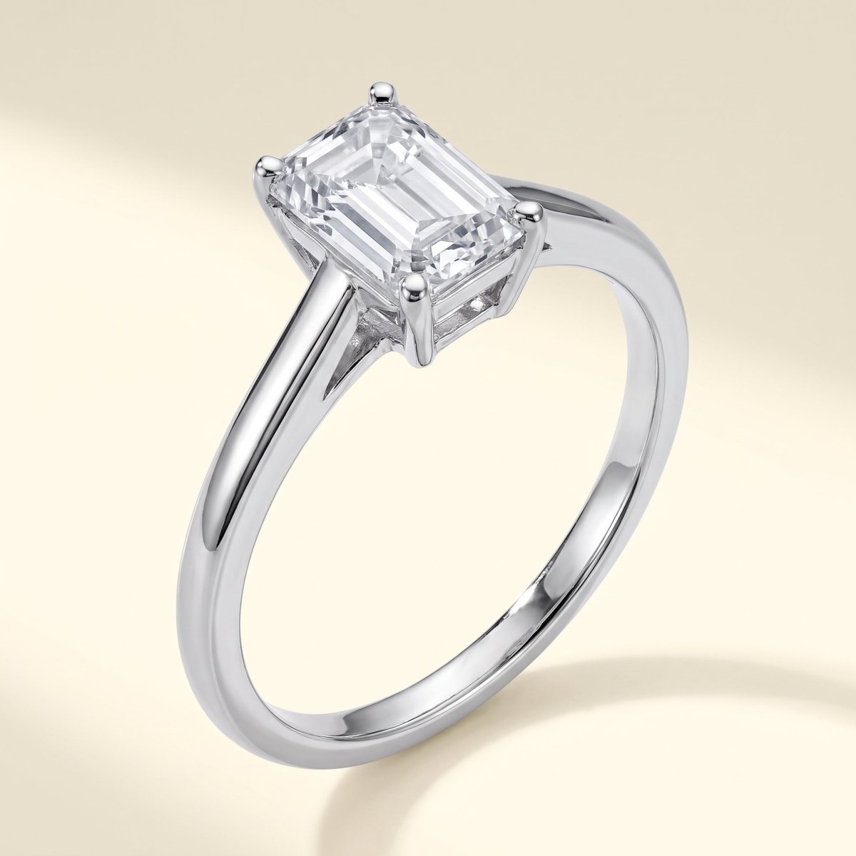 Emerald lab-grown diamond solitaire engagement ring, 925 Sterling Silver, studio hero