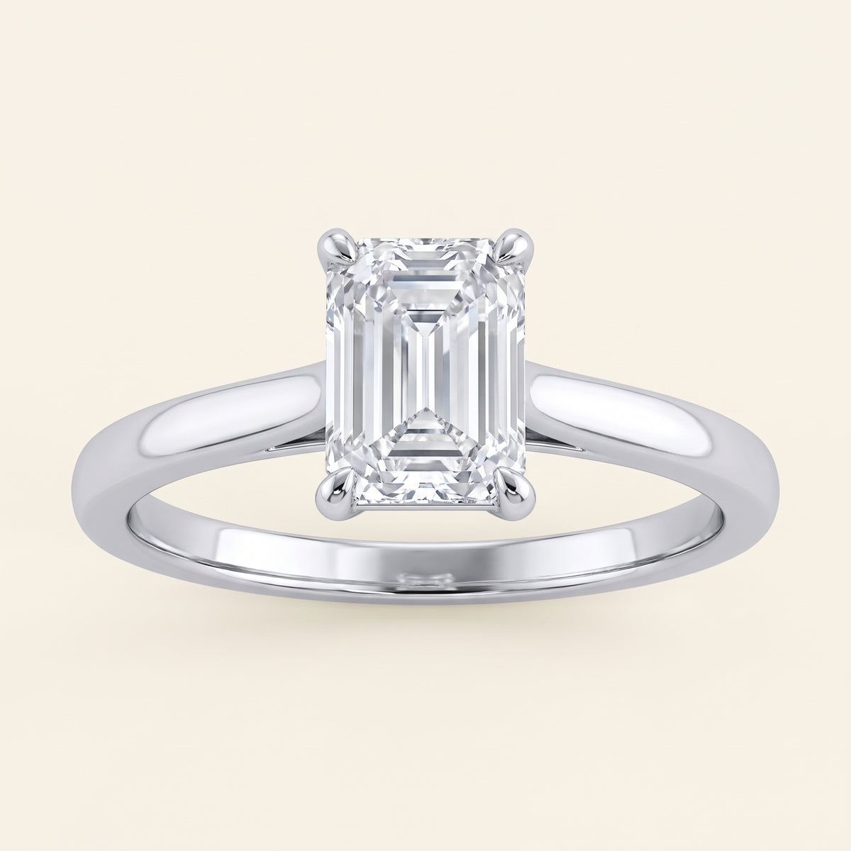 Emerald lab-grown diamond solitaire engagement ring, White Gold, face-on detail macro