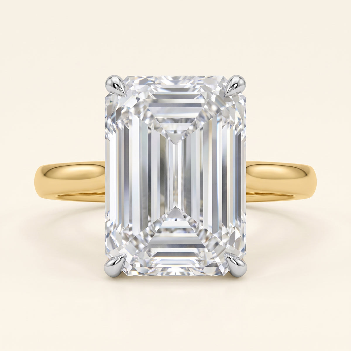 Emerald lab-grown diamond solitaire engagement ring, Yellow Gold, face-on detail macro