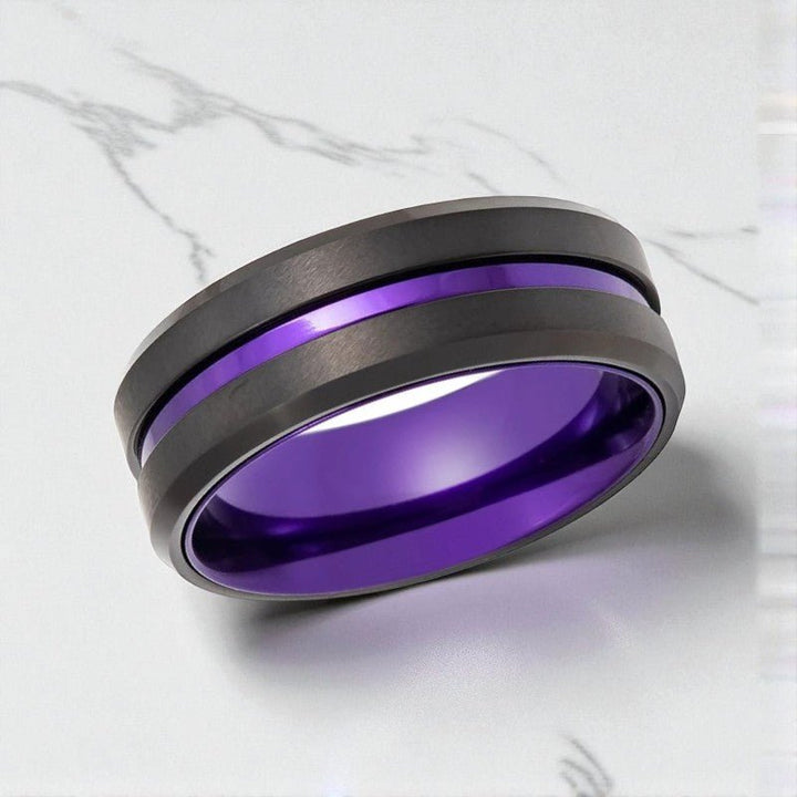 Side view of 8 mm black and purple tungsten ring