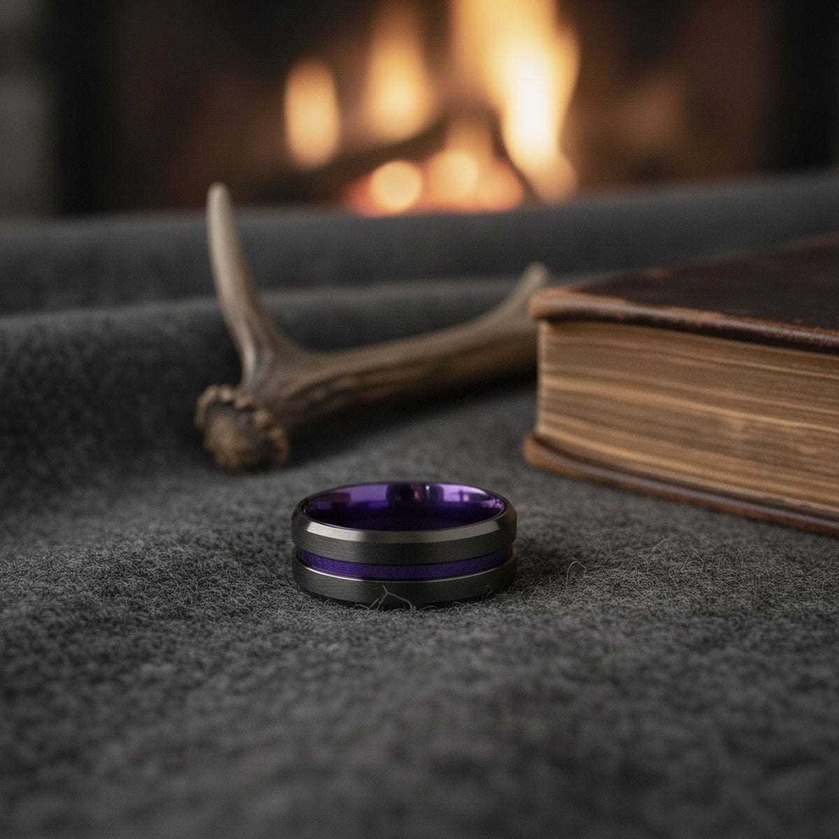 Aydins EMERY | Black Ring with Purple Groove and Anodized Interior lifestyle scene, hunting lodge antler