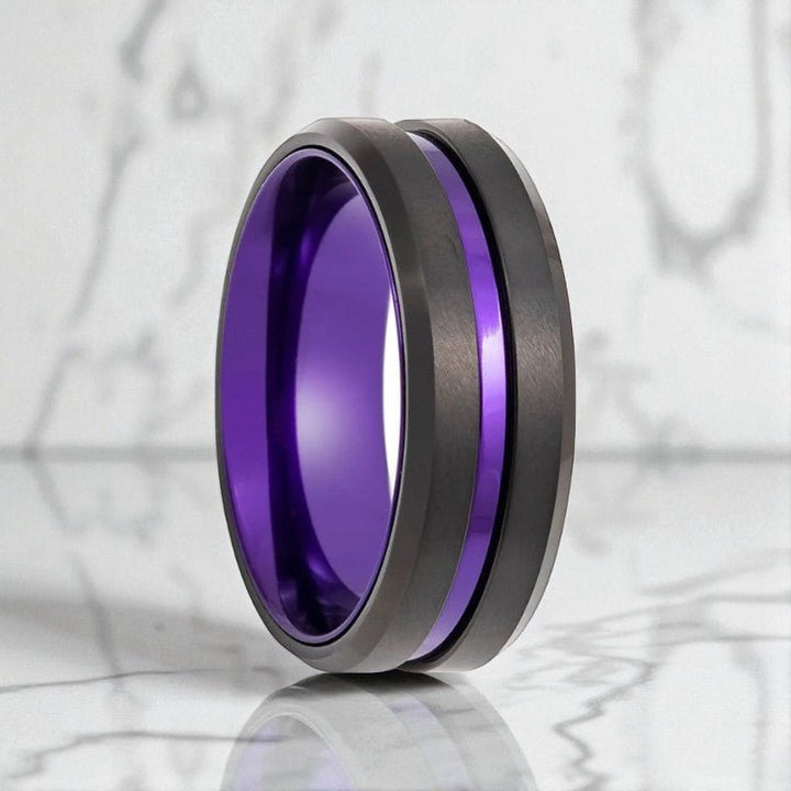 EMERY black tungsten ring with purple groove and anodized interior