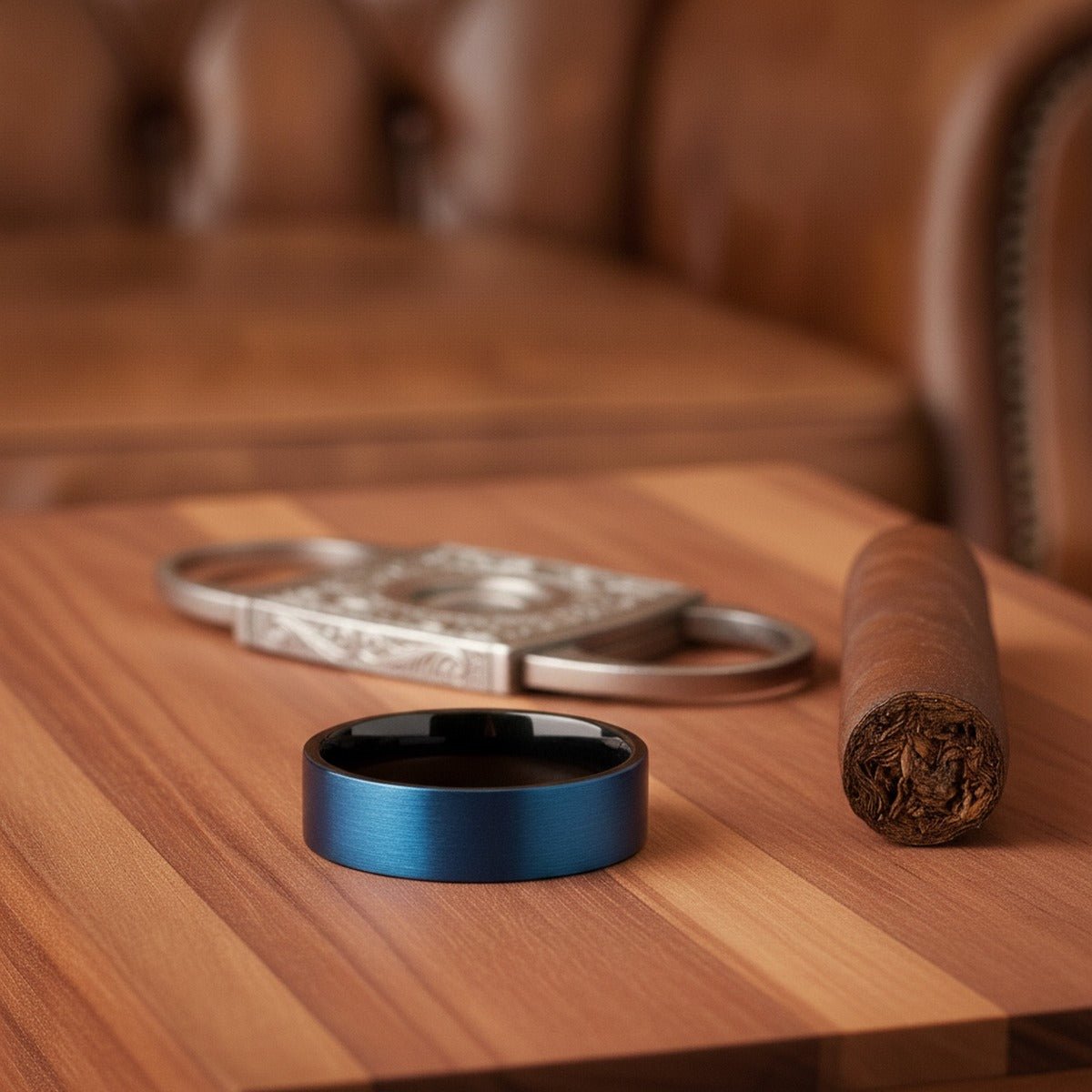 Aydins EMPEROR | Black Ring, Blue Tungsten Ring, Brushed, Flat lifestyle scene, cigar humidor