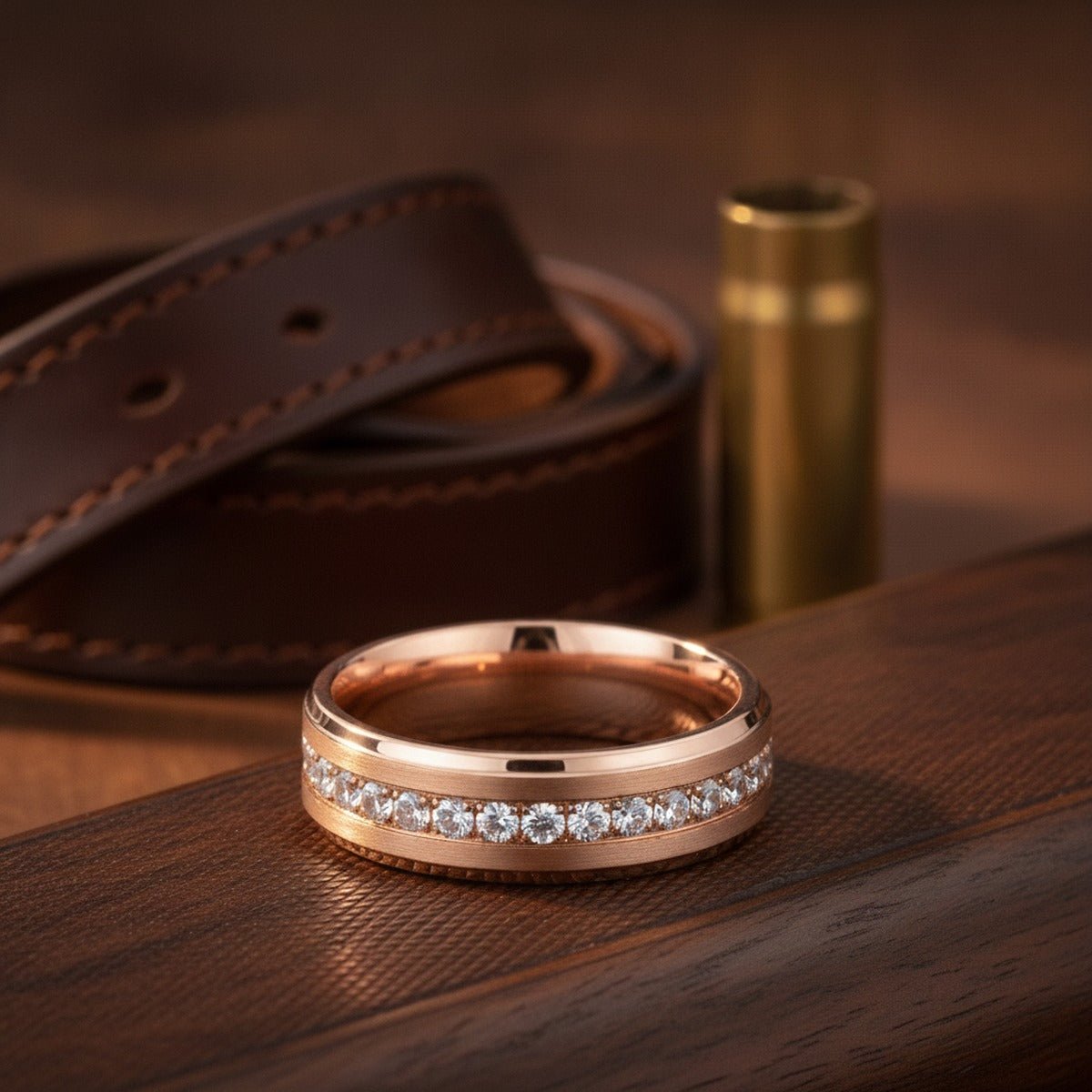 Aydins ENER | Polished Rose Gold Tungsten Round-Cut White CZ Wedding Ring 8mm lifestyle scene, gunsmith table