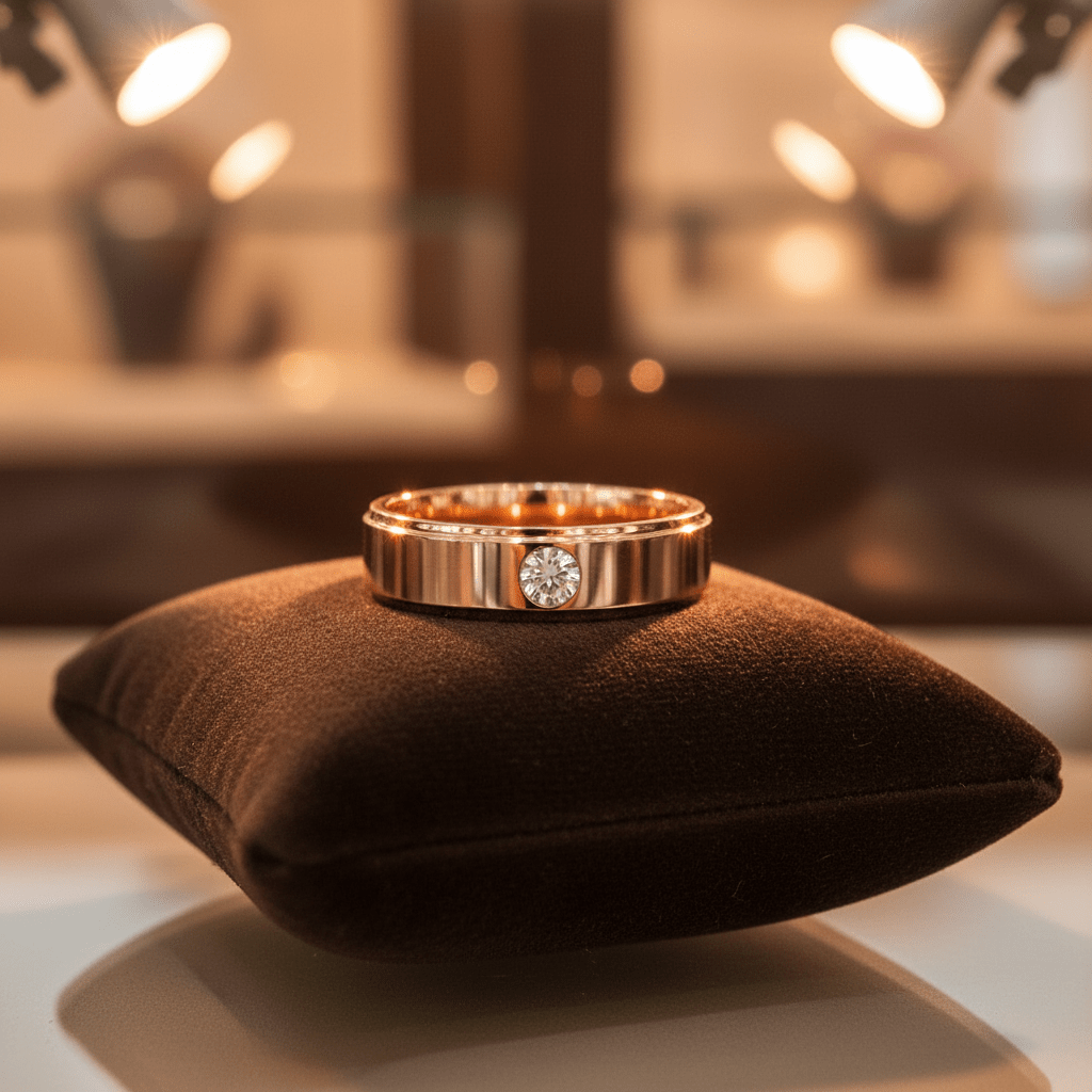 ENER — Premium boutique display on velvet — men's tungsten wedding ring.