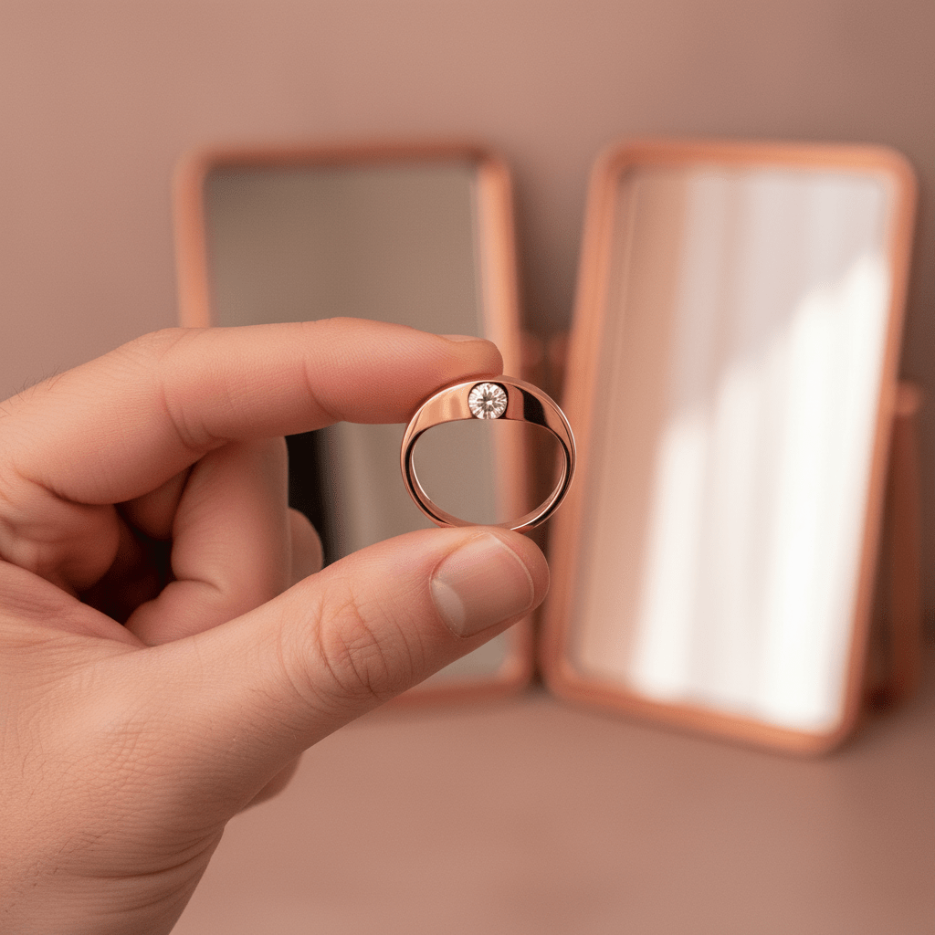ENER — Held between fingers close-up — men's tungsten wedding ring.