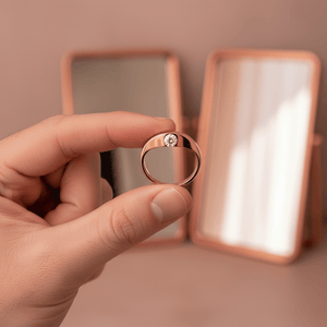 ENER — Held between fingers close-up — men's tungsten wedding ring.