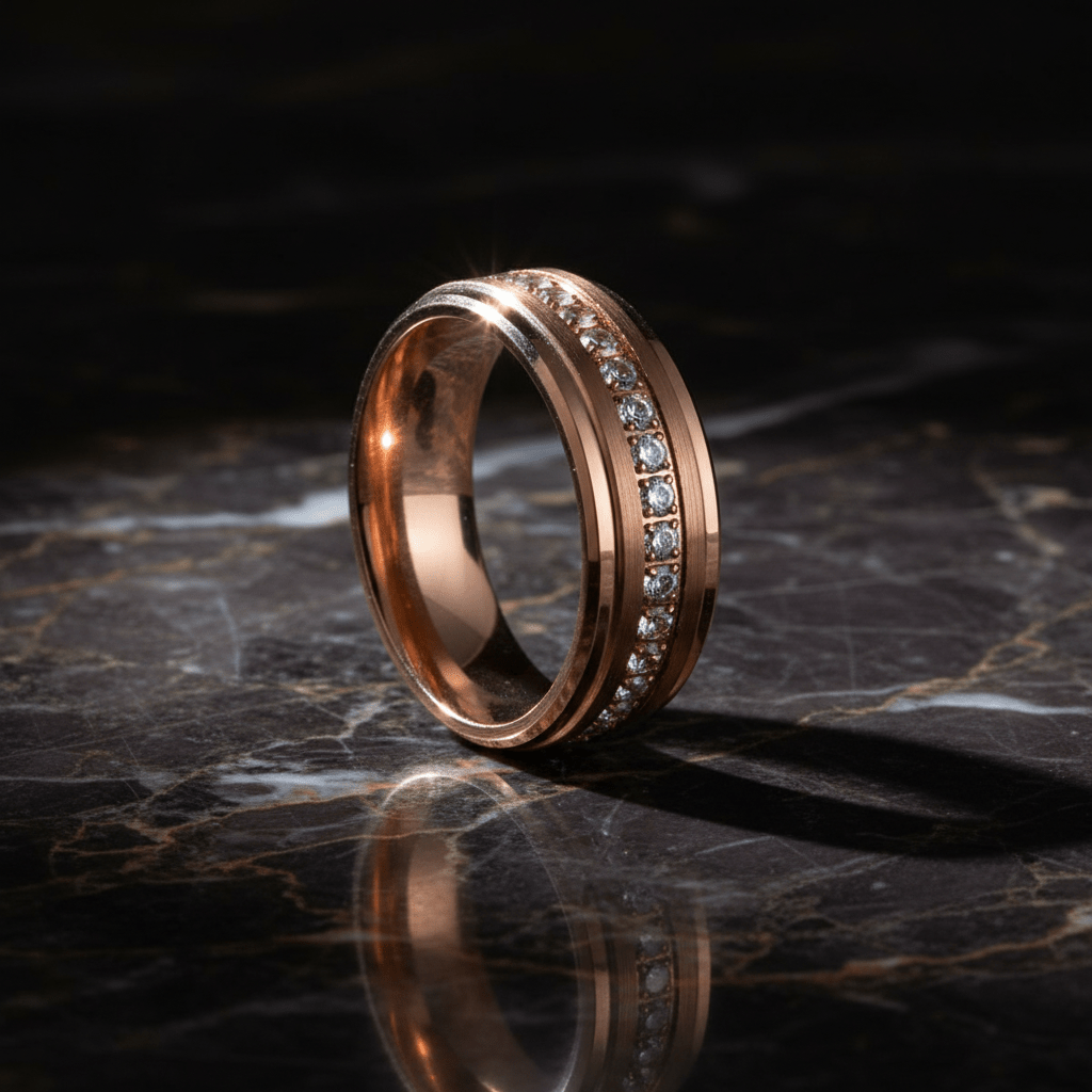 ENER — Luxury 3/4 angle on dark marble — men's tungsten wedding ring.