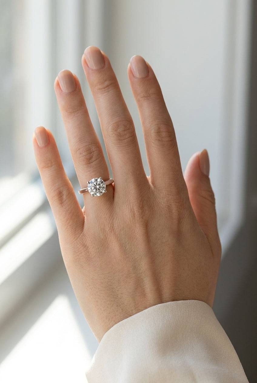 2 carat round lab grown diamond engagement ring - full hand scale