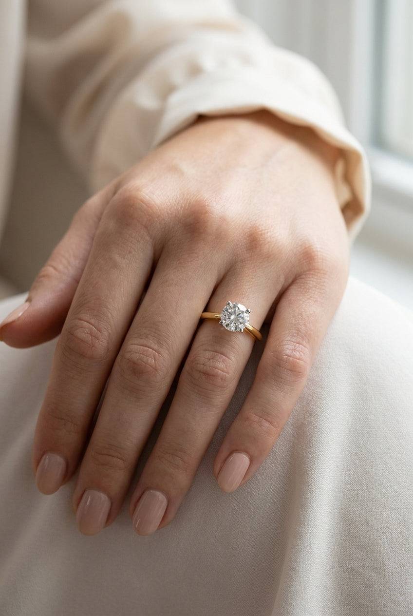 3 carat round lab grown diamond engagement ring - full hand scale