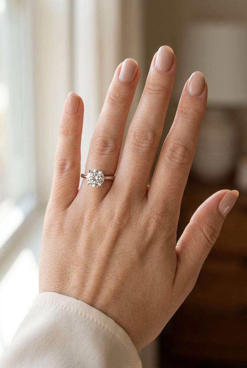 3 carat round lab grown diamond engagement ring - full hand scale