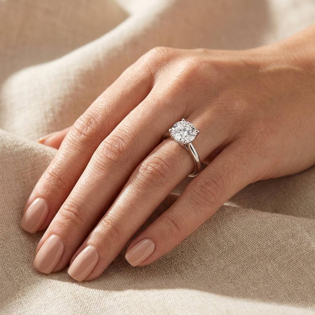 3 carat round lab grown diamond engagement ring - hand model