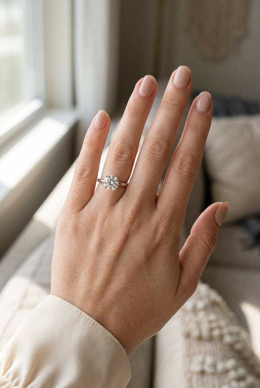 4 carat round lab grown diamond engagement ring - full hand scale