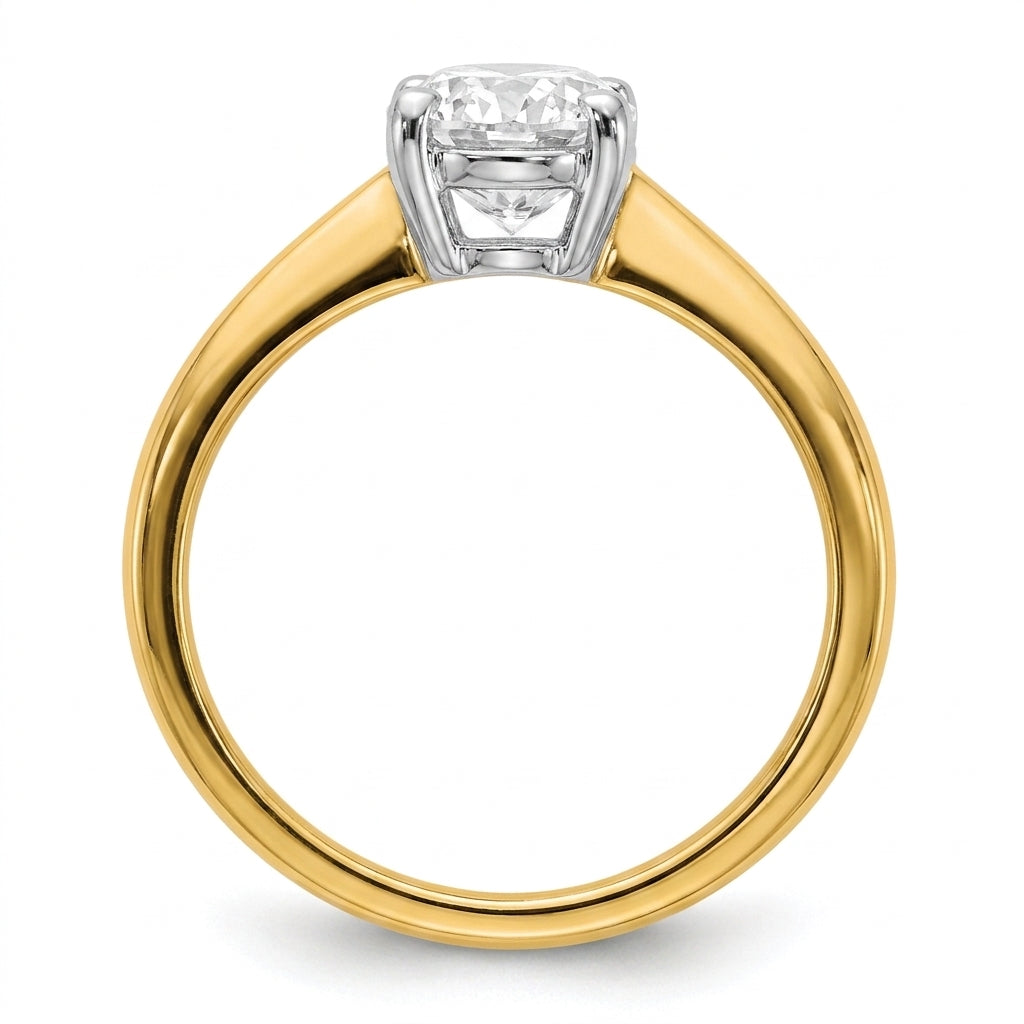 Side profile of 2 carat oval lab grown diamond engagement ring showing basket height, band thickness, and prong silhouette