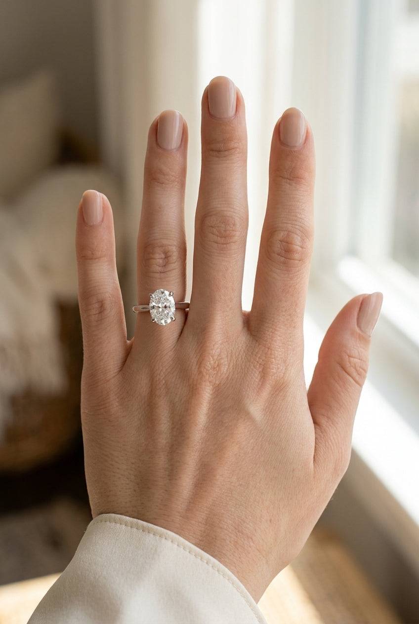 2 carat oval lab grown diamond engagement ring - full hand scale