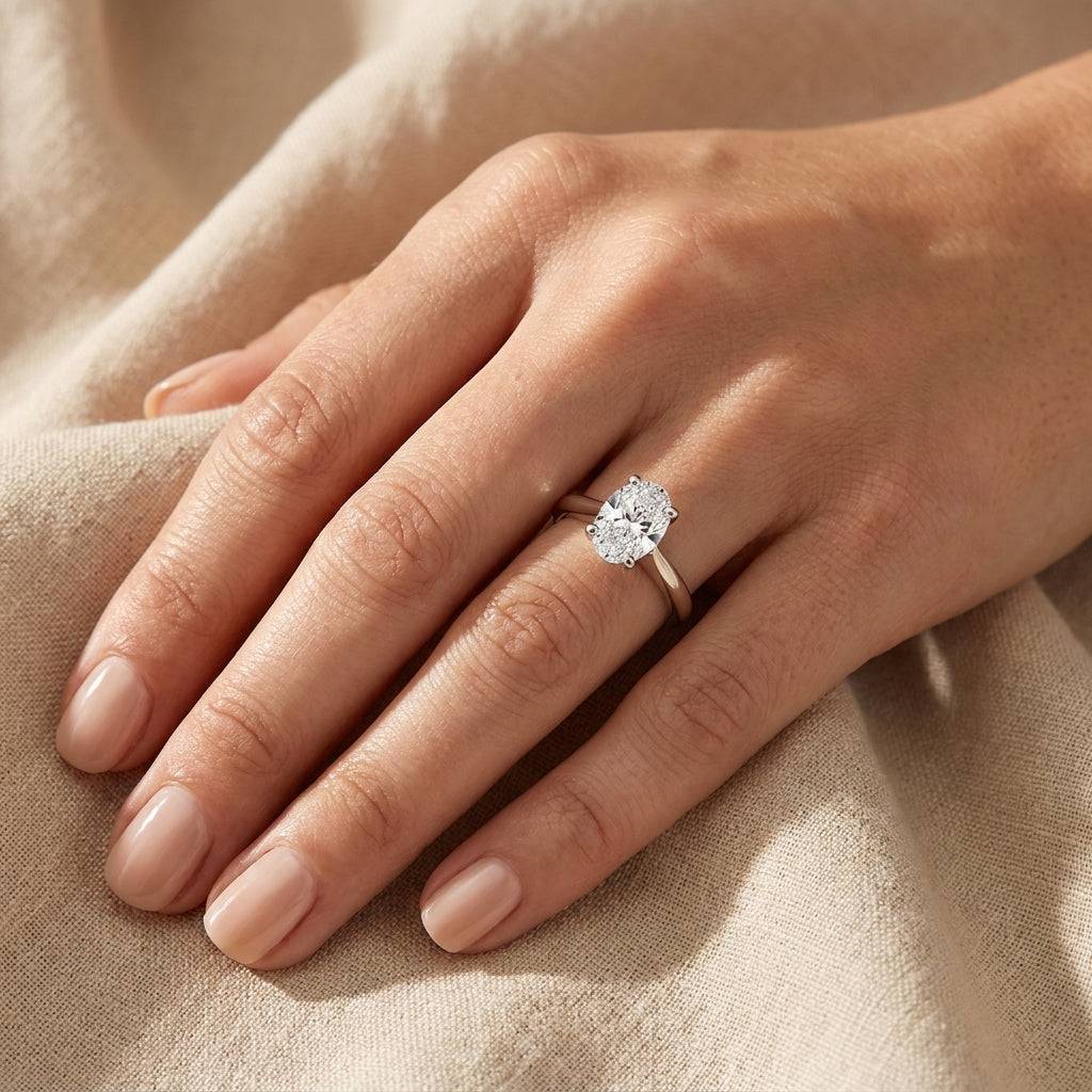 2 carat oval lab grown diamond engagement ring - hand model