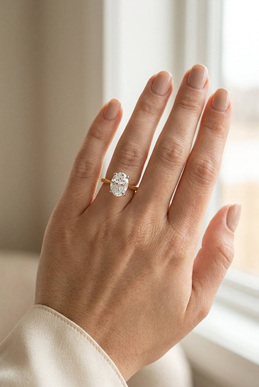 3 carat oval lab grown diamond engagement ring - full hand scale