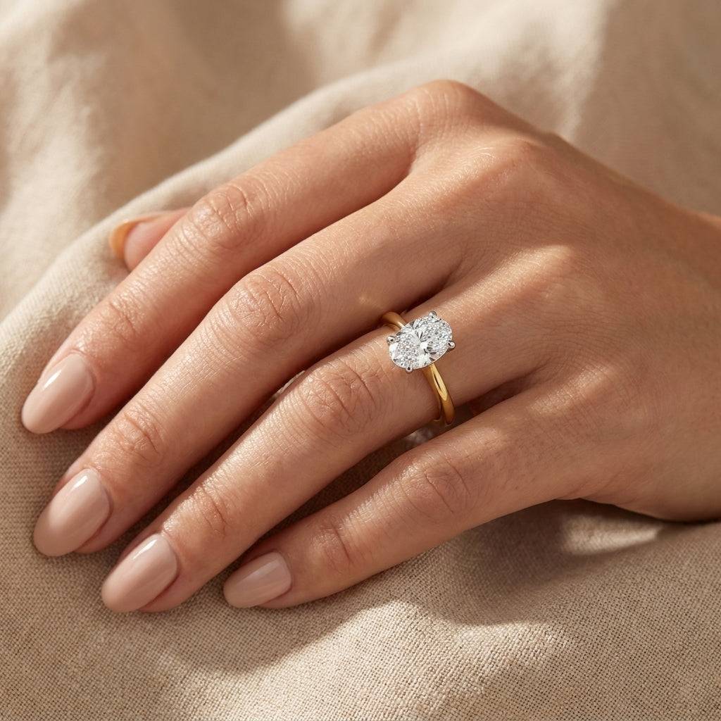 3 carat oval lab grown diamond engagement ring - hand model