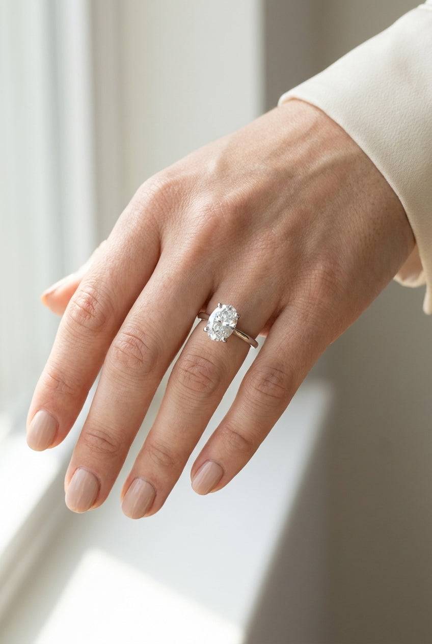 3 carat oval lab grown diamond engagement ring - full hand scale