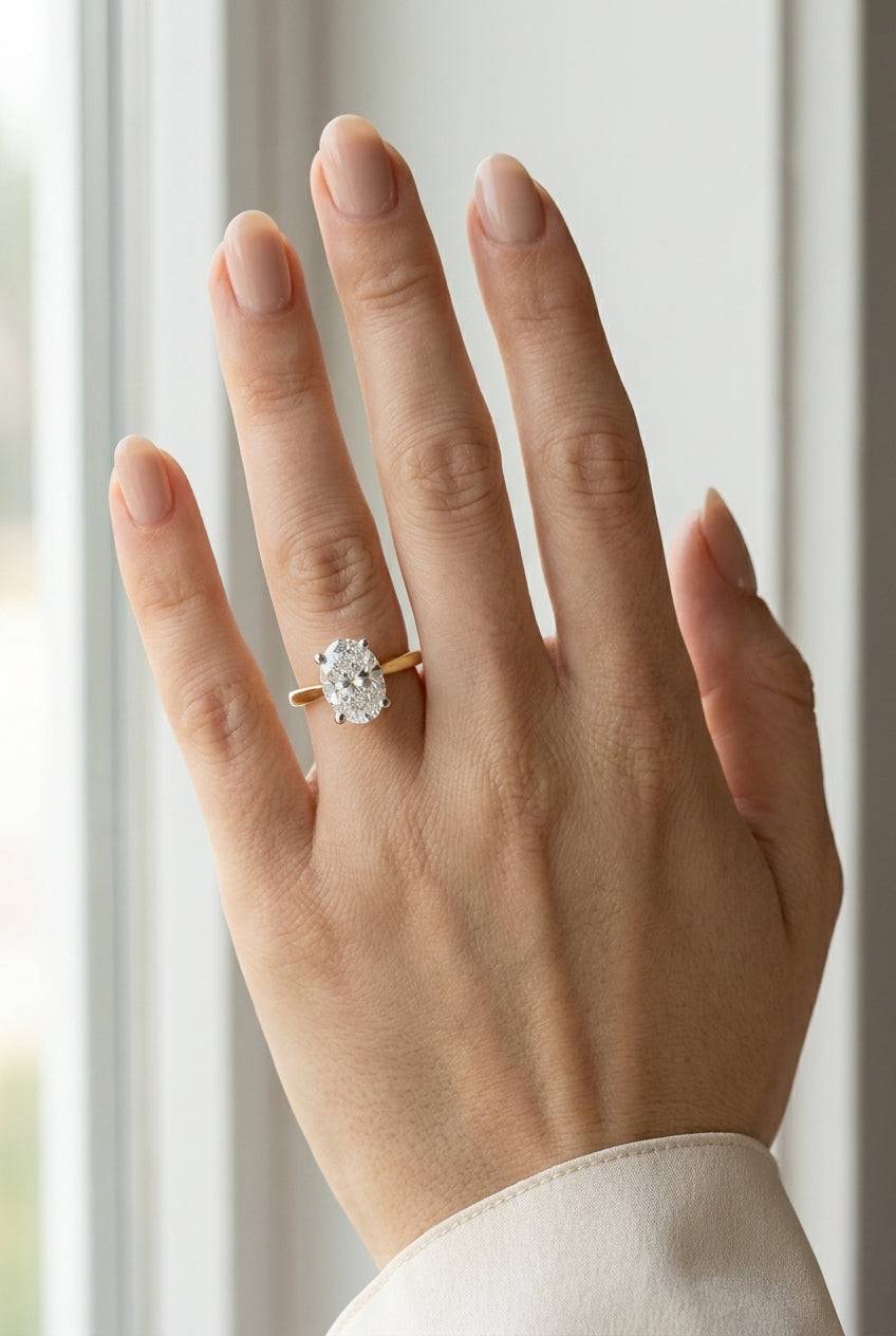 4 carat oval lab grown diamond engagement ring - full hand scale