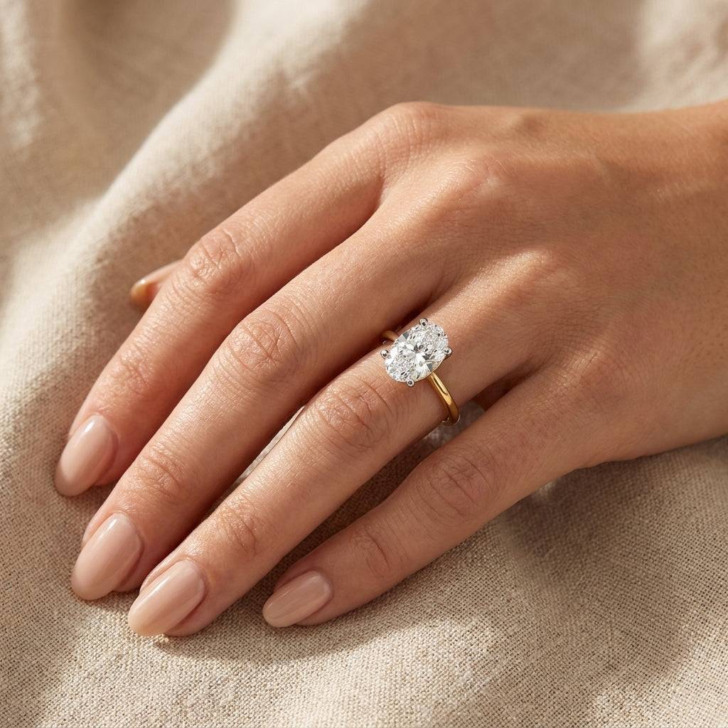 4 carat oval lab grown diamond engagement ring - hand model