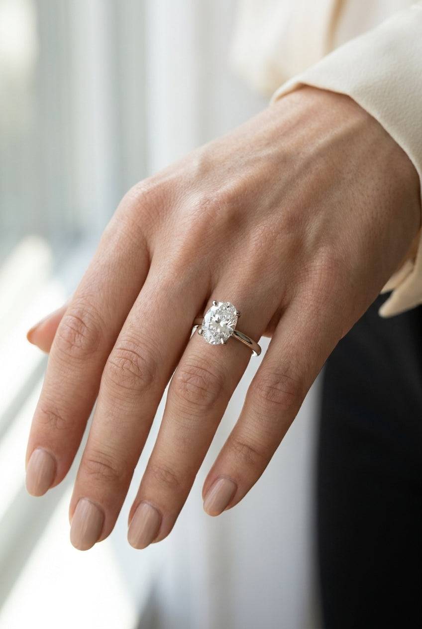 4 carat oval lab grown diamond engagement ring - full hand scale