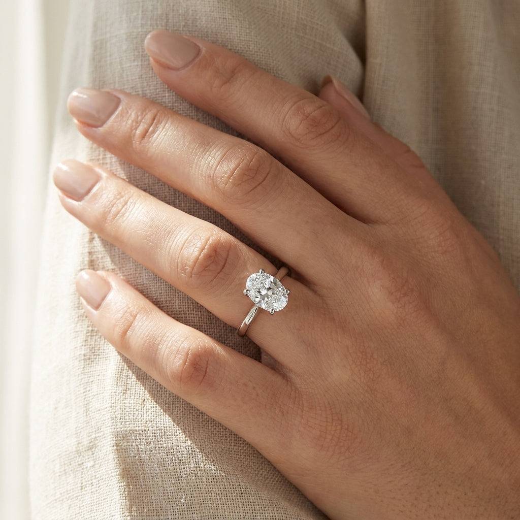 4 carat oval lab grown diamond engagement ring - hand model