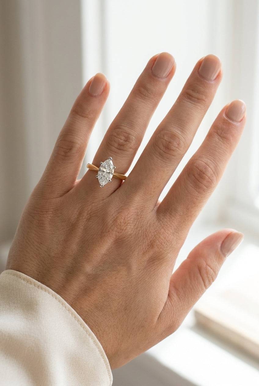 2 carat marquise lab grown diamond engagement ring - full hand scale