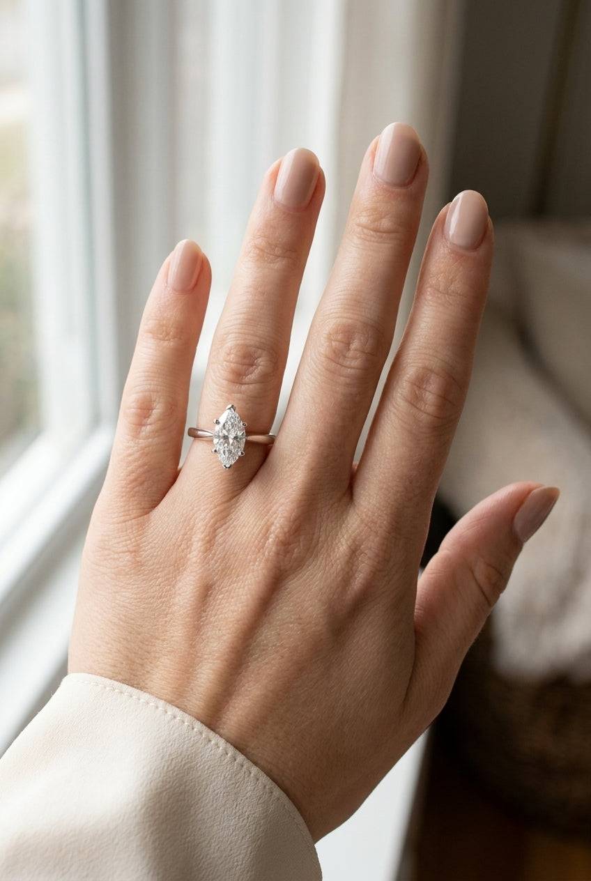 2 carat marquise lab grown diamond engagement ring - full hand scale