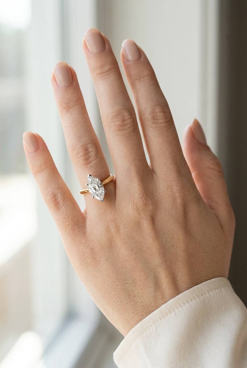 3 carat marquise lab grown diamond engagement ring - full hand scale
