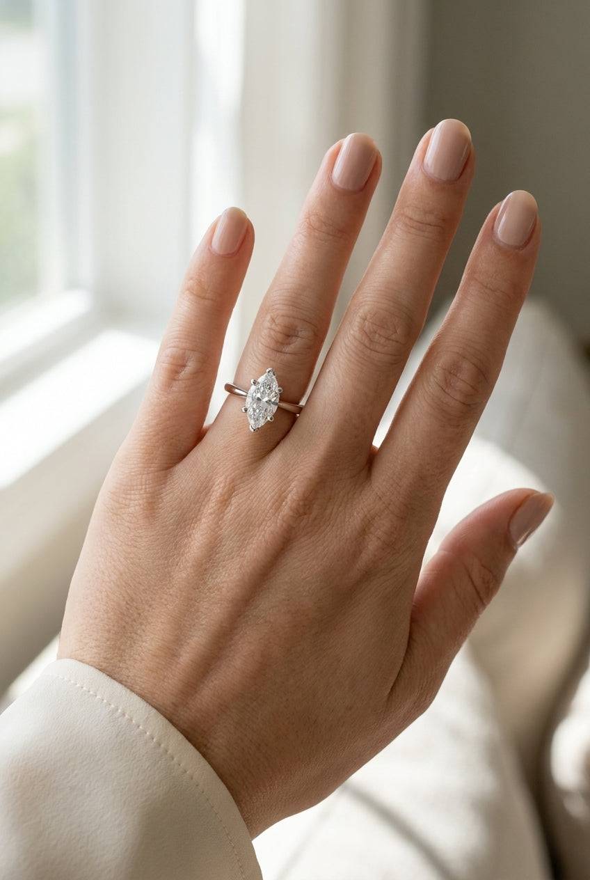 3 carat marquise lab grown diamond engagement ring - full hand scale