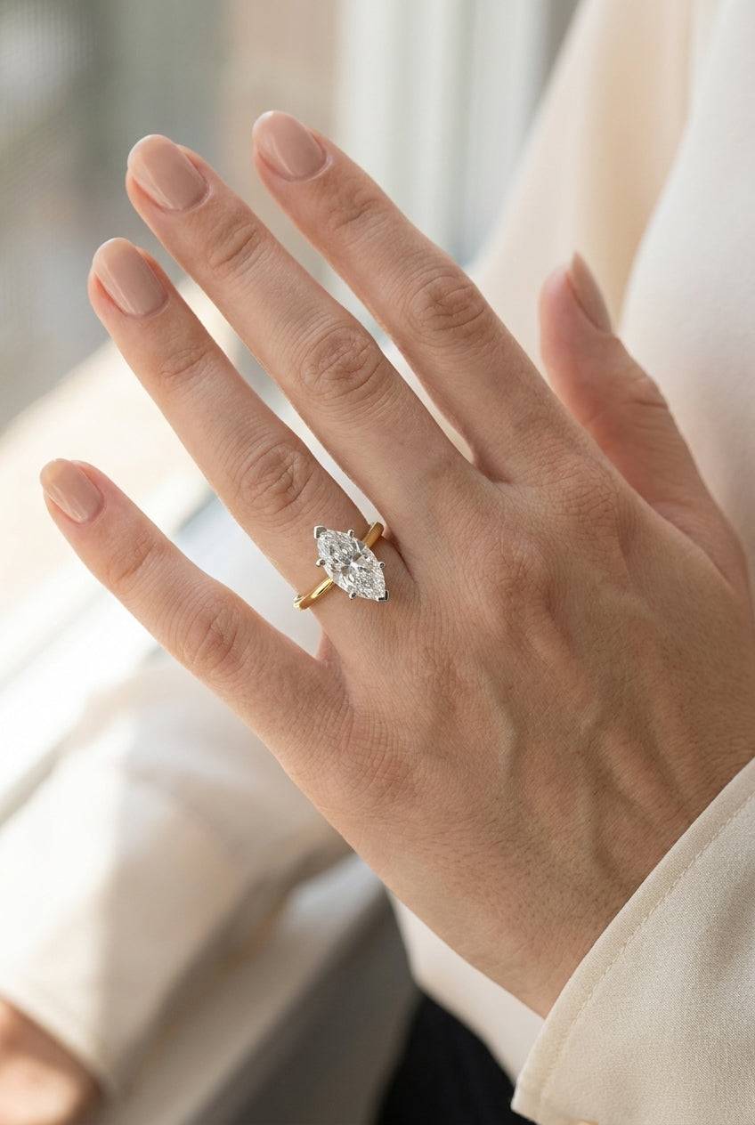 4 carat marquise lab grown diamond engagement ring - full hand scale