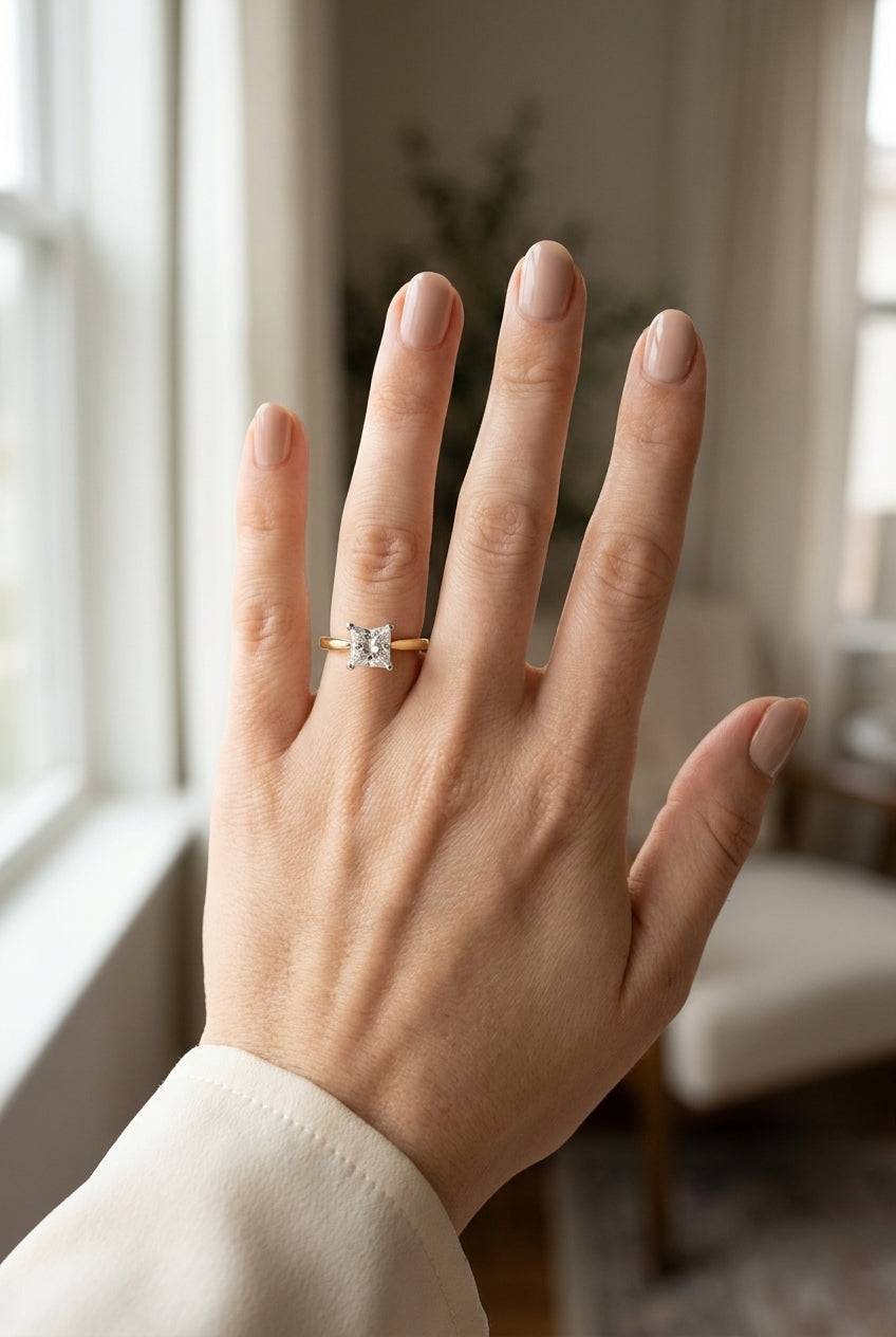 2 carat princess lab grown diamond engagement ring - full hand scale
