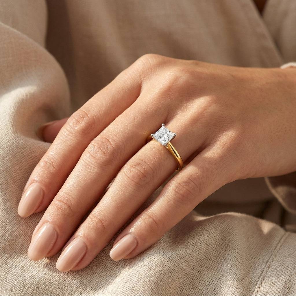 2 carat princess lab grown diamond engagement ring - hand model