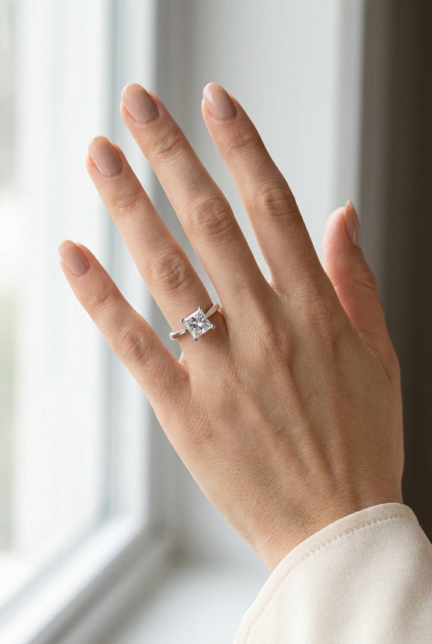 2 carat princess lab grown diamond engagement ring - full hand scale