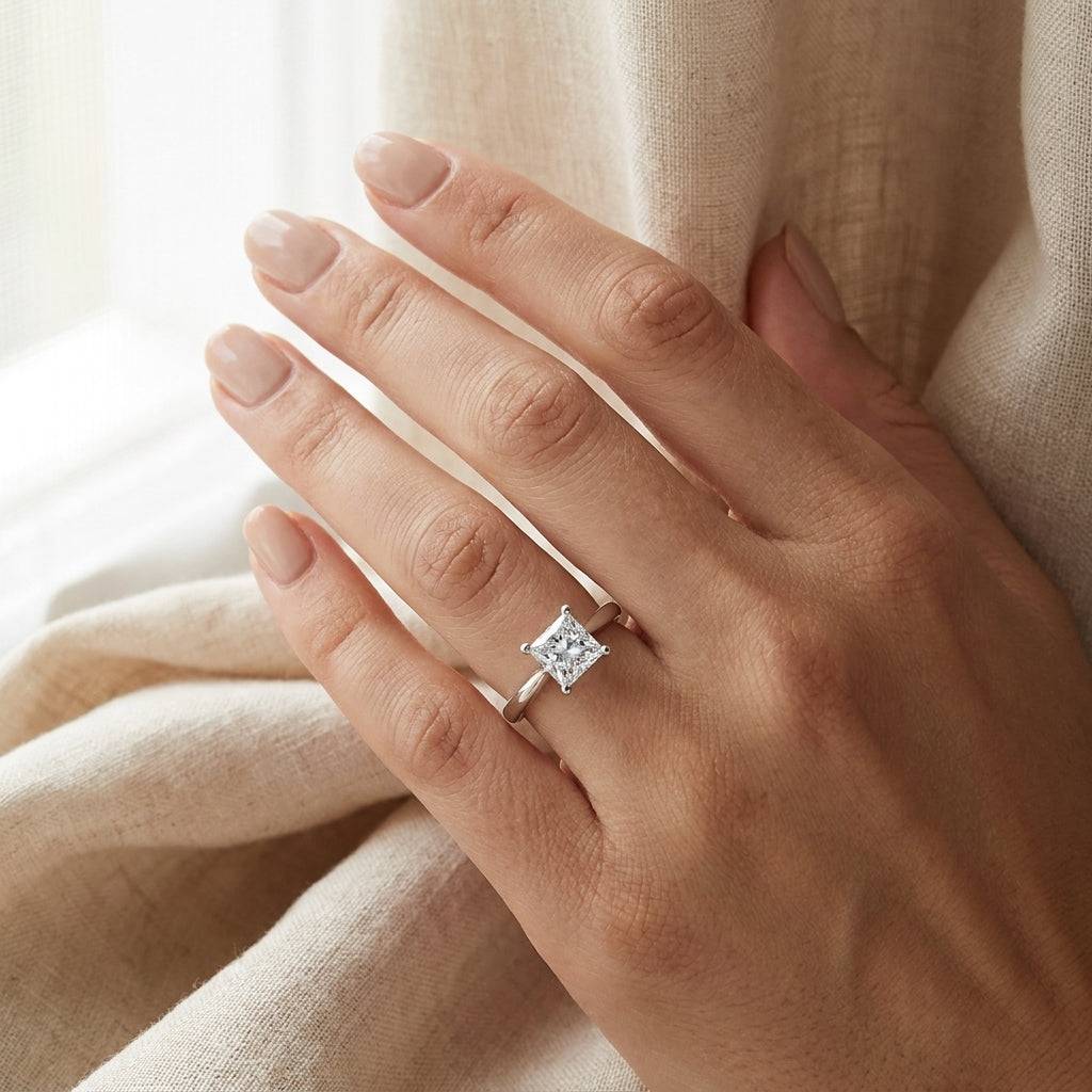 2 carat princess lab grown diamond engagement ring - hand model