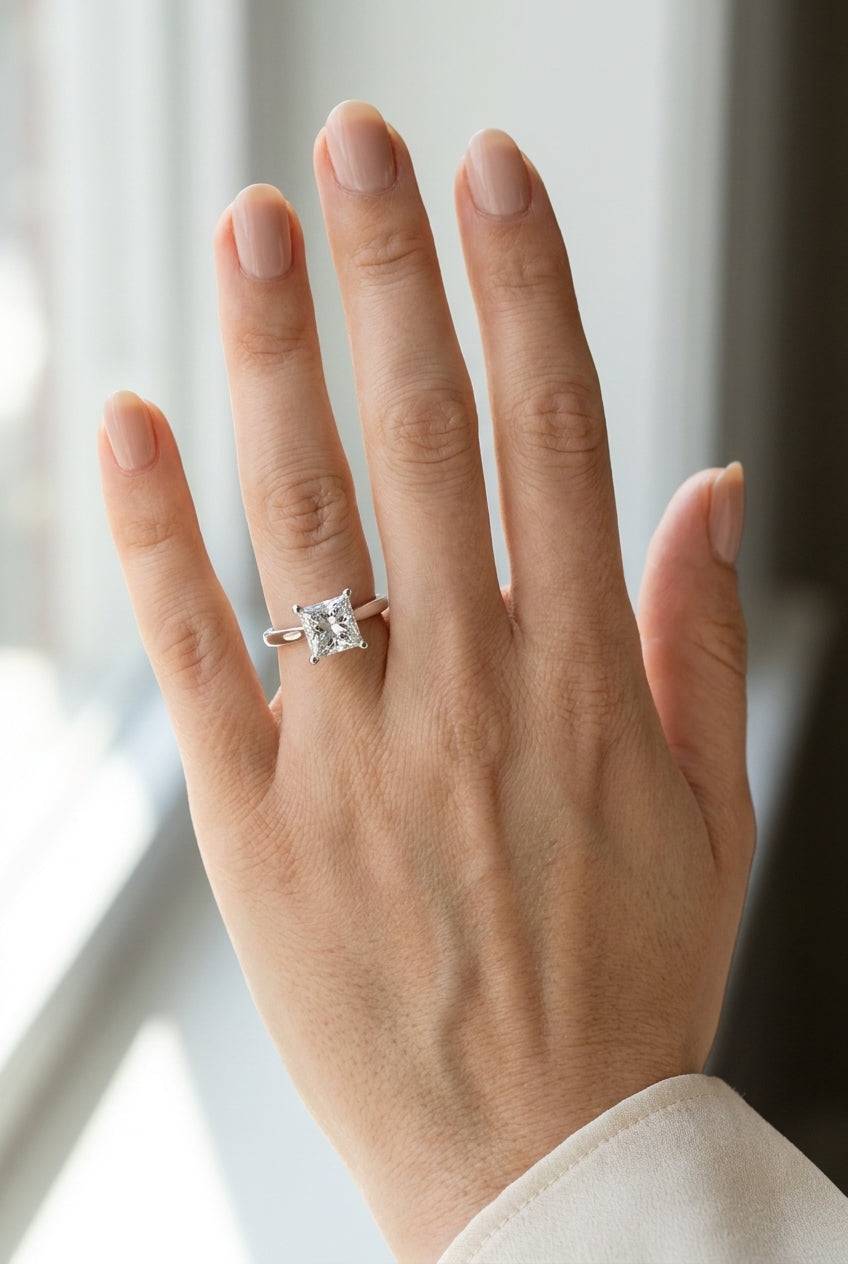 3 carat princess lab grown diamond engagement ring - full hand scale