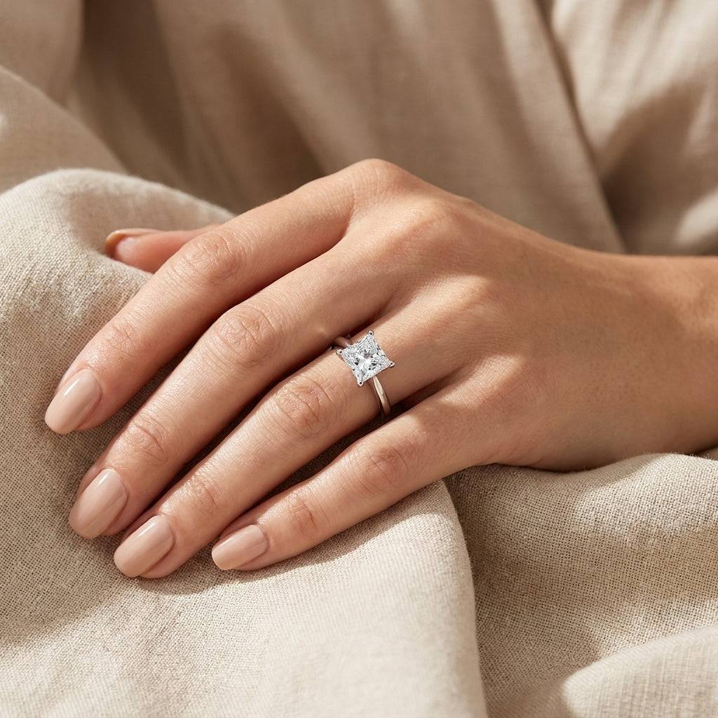 3 carat princess lab grown diamond engagement ring - hand model