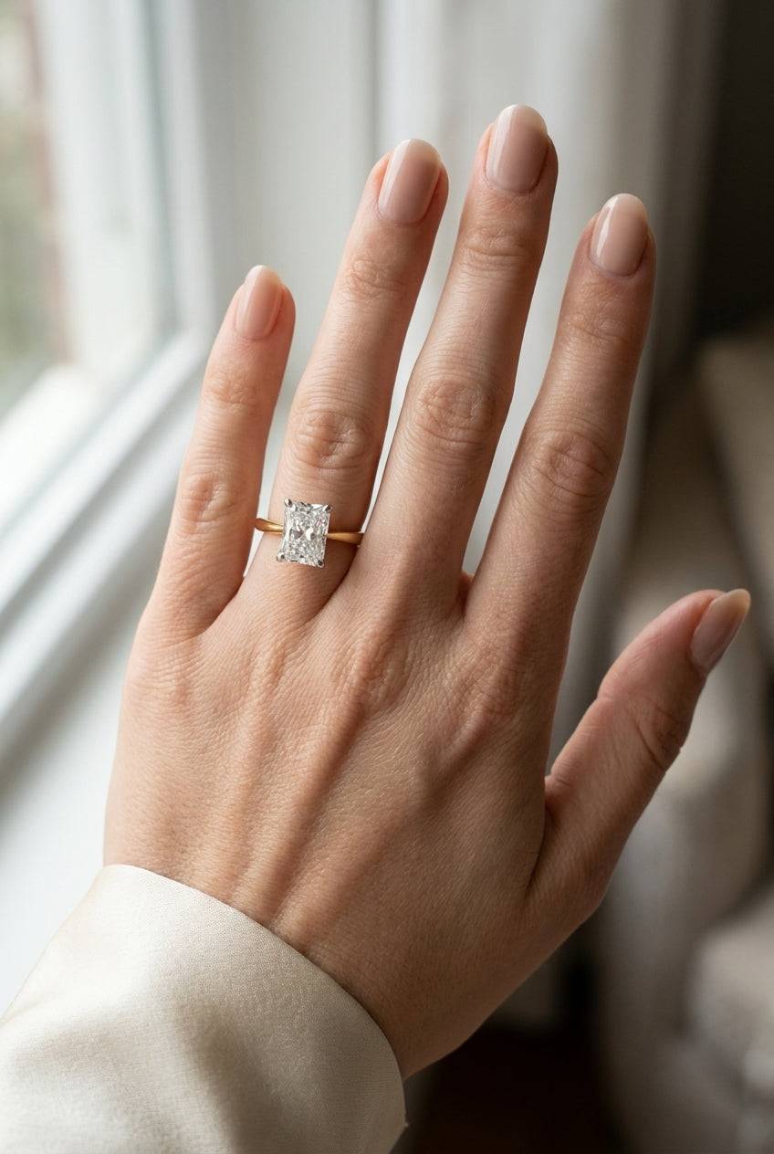2 carat radiant lab grown diamond engagement ring - full hand scale
