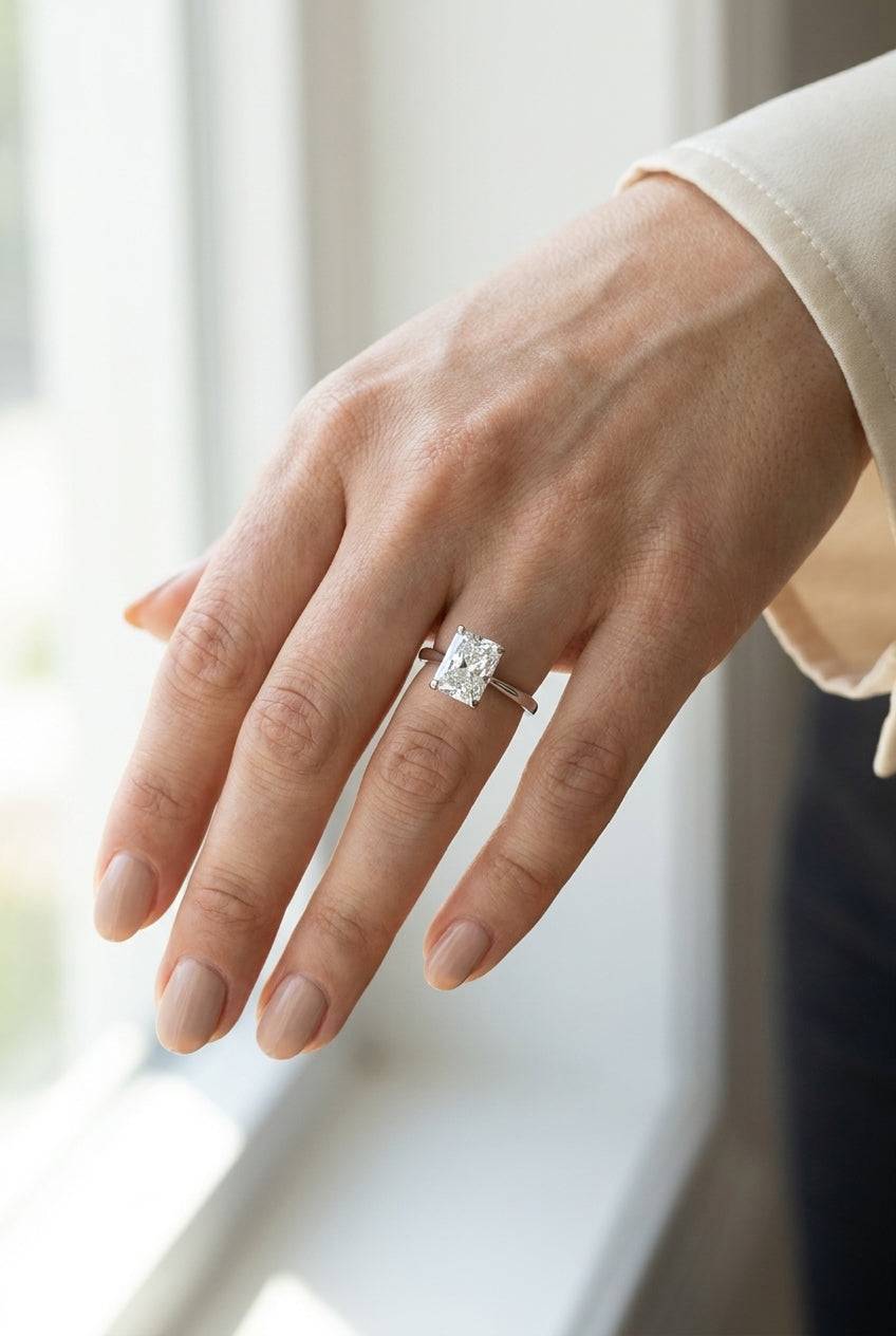 2 carat radiant lab grown diamond engagement ring - full hand scale