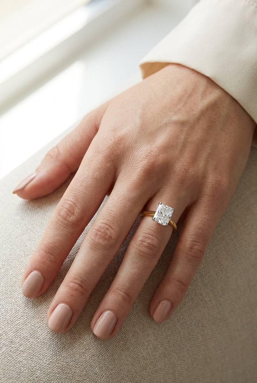 3 carat radiant lab grown diamond engagement ring - full hand scale