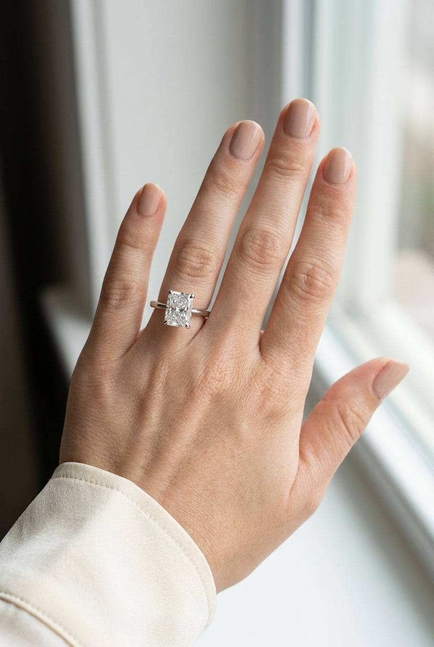 3 carat radiant lab grown diamond engagement ring - full hand scale