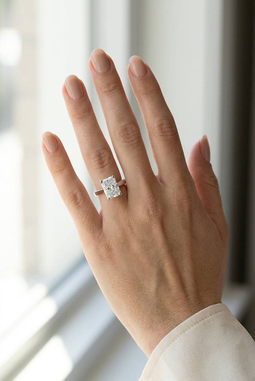 4 carat radiant lab grown diamond engagement ring - full hand scale